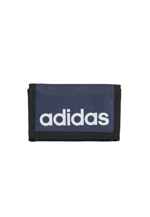 Portafoglio in tessuto blu e nero con logo adidas bianco sulla parte anteriore, rettangolare e chiuso pieghevole.