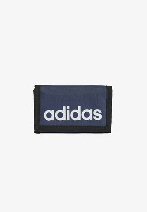Portafoglio in tessuto blu e nero con logo adidas bianco sulla parte anteriore, rettangolare e chiuso pieghevole.
