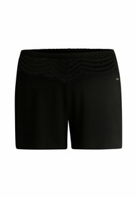 Zwarte shorts van een gladde stof, met een gestructureerde kanten tailleband met een golvend patroon en een klein gouden accentlogo.