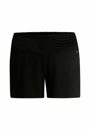Czarne szorty wykonane z gładkiego materiału, z koronkowym paskiem o fakturze i falistym wzorze oraz małym złotym logo.