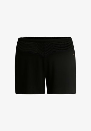 Czarne szorty wykonane z gładkiego materiału, z koronkowym paskiem o fakturze i falistym wzorze oraz małym złotym logo.