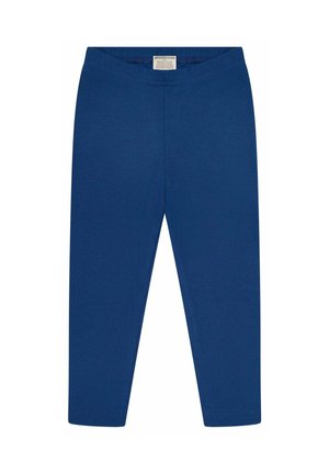 Blaue Leggings für Kleinkinder mit elastischem Bund und einem innen an der Taille eingenähten Stoffetikett, flach auf einem weißen Hintergrund liegend.