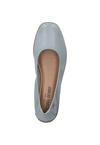 Light blue leather ballet flat with rounded toe, elasticized opening, and tan insole. Features minimal stitching and a smooth texture.