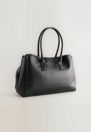 Schwarze Kunstleder-Shopper-Tasche mit doppelten langen Tragegriffen, strukturiertem Design, glatter Oberfläche und minimalistischem Stil. Keine sichtbaren Beschläge oder Akzente.