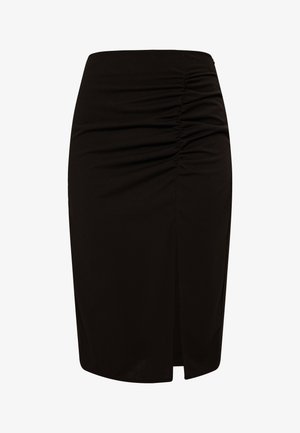 Fekete, testhez simuló szoknya puha anyagból, elülső ráncolt részletekkel és oldalsó hasítékkal a dizájn fokozása érdekében.
