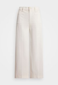 Pantalons larges taille haute en coton couleur crème. Comprend des poches avant et arrière, avec une finition lisse et des coutures ajustées.