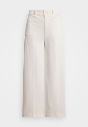 Pantalones de pierna ancha y cintura alta en algodón de color crema. Con características como bolsillos frontales y traseros, con un acabado liso y costuras ajustadas.