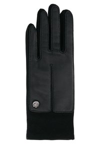 Guanto in pelle nera con tre dita allungate e un morbido polsino in suede nero. Accentuato da un pulsante con logo argentato vicino al polso.