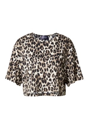 Kratki top s leopard uzorkom u bež, crnoj i smeđoj boji s okruglim izrezom, oznake ESTELQ.