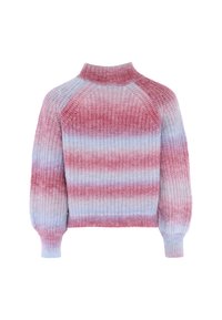 Maglione intrecciato con colletto alto, maniche raglan e motivo a righe gradienti nelle tonalità di rosa e blu chiaro. Texture morbida.