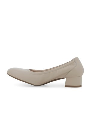 Scarpa da donna beige con tacco basso, punta arrotondata e tacco a blocco, mostrata di profilo su sfondo bianco.