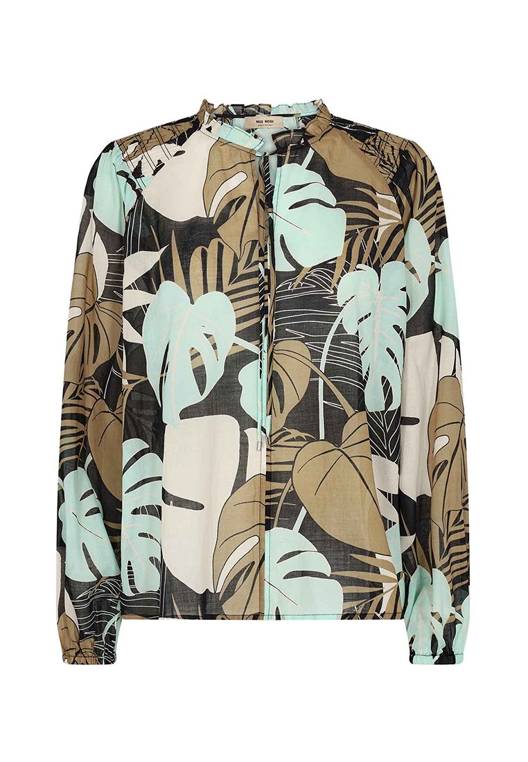 Long-sleeve blouse with elastic cuffs, featuring large tropical leaf prints in beige, brown, black, and light blue tones on a cream background.