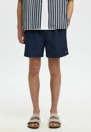 Mand iført marineblå shorts, striped kortærmet skjorte og beige sandaler, står med den ene hånd i lommen mod en ensfarvet hvid baggrund.