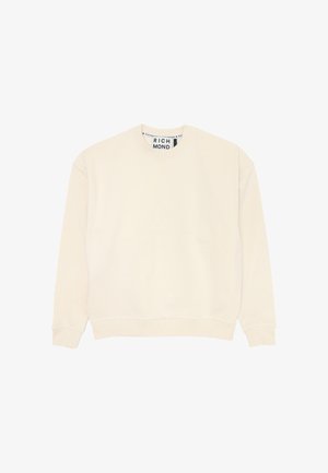 Felpa girocollo in beige chiaro, con polsini e orlo a coste, texture morbida e un'etichetta di marca visibile sul collo.