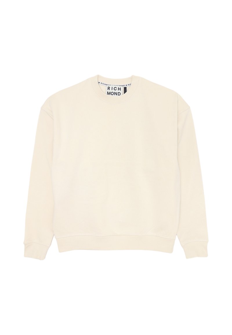 Felpa girocollo in beige chiaro, con polsini e orlo a coste, texture morbida e un'etichetta di marca visibile sul collo.