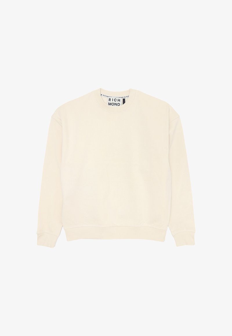 Felpa girocollo in beige chiaro, con polsini e orlo a coste, texture morbida e un'etichetta di marca visibile sul collo.