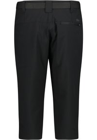 Sorte cargo shorts lavet af et glat, let stof. Har et vævet bælte, baglomme med lynlås og design i knælængde. Enkle syninger.