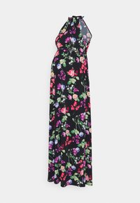 Vestido maxi com padrão floral em tons de rosa, roxo e verde sobre um fundo preto. Apresenta um decote halter e um design fluido.