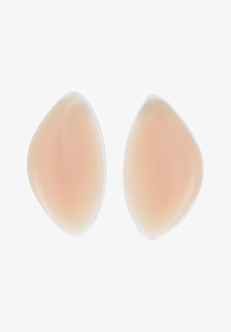 Formes mammaires en silicone, en forme de goutte d'eau, texture douce, couleur pêche translucide, conçues pour un aspect naturel, surface lisse.