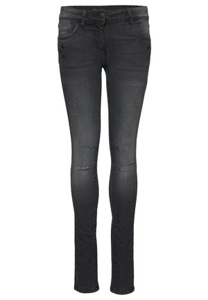 Strakke zwarte spijkerbroek van denim met lichte slijtage bij de knieën en decoratieve steraccenten op de voorzakken. Standaard ontwerp met vijf zakken.