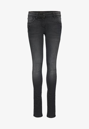 Schmale schwarze Jeans aus Denim mit leichter Abnutzung an den Knien und dekorativen Stern-Akzenten auf den Vordertaschen. Standard-Design mit fünf Taschen.