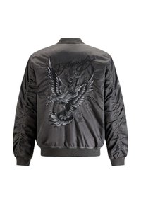 Black bomber jacket featuring embroidered eagle design, "Ed Hardy" text, and stars on the back; smooth fabric with ribbed cuffs and hem.