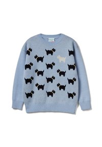 Maglione azzurro chiaro con motivo di cani neri e bianchi, con cani neri che indossano collari gialli. Tessuto lavorato a maglia, polsini e orlo a coste.