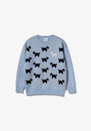 Maglione azzurro chiaro con motivo di cani neri e bianchi, con cani neri che indossano collari gialli. Tessuto lavorato a maglia, polsini e orlo a coste.