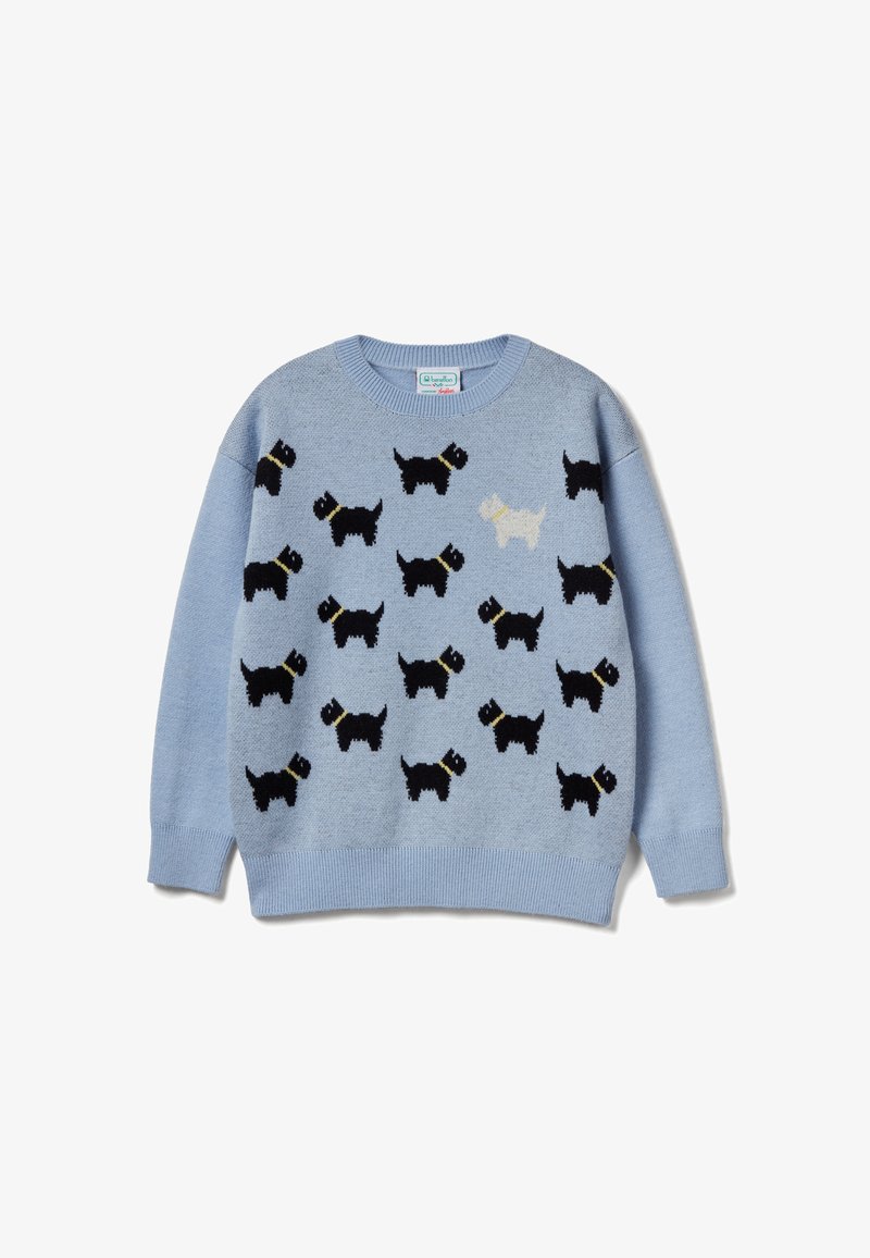 Maglione azzurro chiaro con motivo di cani neri e bianchi, con cani neri che indossano collari gialli. Tessuto lavorato a maglia, polsini e orlo a coste.