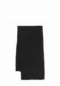 Sciarpa nera realizzata in un materiale morbido; presenta una texture a coste a un'estremità e una finitura liscia; forma rettangolare, design semplice.