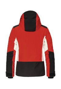 Rote, weiße und schwarze isolierte Jacke mit Kapuze, langen Ärmeln und Klettverschlussmanschetten. Farblich kontrastierende Blockelemente und eine glatte Textur.