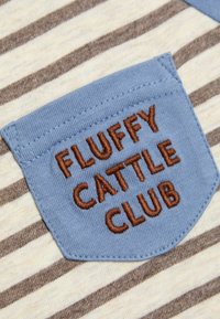 Kreminės ir rudos juostelės audinys, kuriame yra šviesiai mėlyna kišenė su užrašytu "FLUFFY CATTLE CLUB" rudos spalvos siūlu.