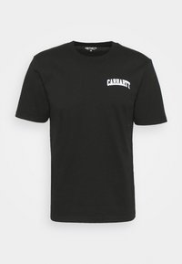 T-shirt en coton noir à manches courtes, arborant un logo "Carhartt" blanc sur la partie gauche de la poitrine. Coupe classique, texture lisse.