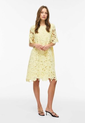 Kvinde står iført en knælængde gul blondekjole med korte ærmer og sorte åbne hæle sandaler på en hvid baggrund.
