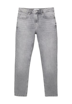 Grå denim jeans med lige snit, fem lommer og et standard taljehylster med knap- og lynlåslukning. Let falmede tekstur.