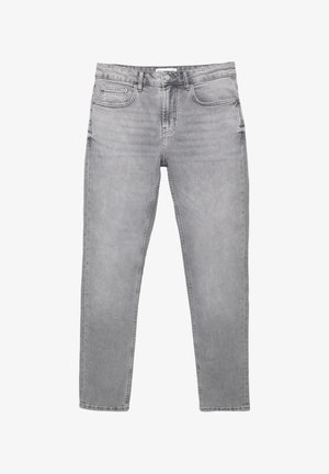 Grå denim jeans med lige snit, fem lommer og et standard taljehylster med knap- og lynlåslukning. Let falmede tekstur.