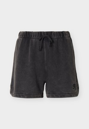 Black casual shorts with elastic waistband and drawstring, small logo on left hem, relaxed fit and soft fabric.