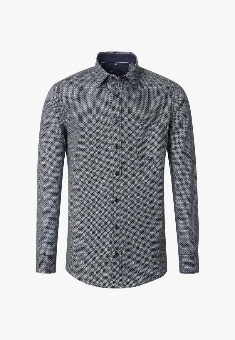 Langärmliges Hemd mit einem geometrischen Muster in Marineblau und Weiß, Knopfleiste vorne, Brusttasche und einfarbigem Marineblauen Kragenfutter.