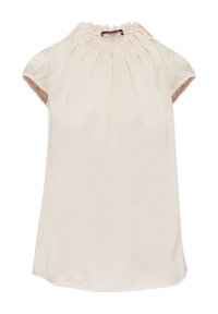 Helles rosa Bluse mit hohem, gerafftem Ausschnitt, kurzen Ärmeln und subtilen geometrischen Mustern. Stoff: glatt, leicht und leicht durchscheinend.