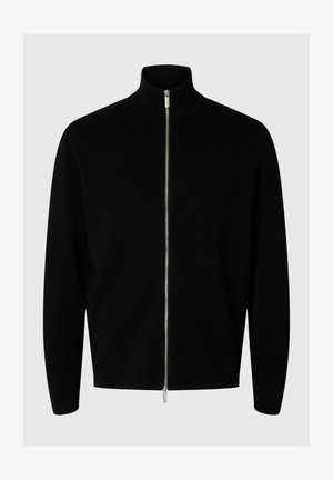 Črna zip-up jopica z visokim ovratnikom, izdelana iz mehke tkanine. Ima srebrno zadrgo in sproščen kroj z dolgimi rokavi.