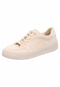 Sneaker in pelle beige chiaro con punta rotonda, design con lacci, dettaglio laterale perforato e suola in gomma. Plantare posteriore testurizzato in materiale a contrasto.