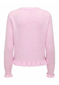 Roza pleten pulover z okrolim izrezom, dolgimi rokavi ter volanastim robom na spodnjem delu in manšetah; mehak tekstura in subtilen barvni preliv.