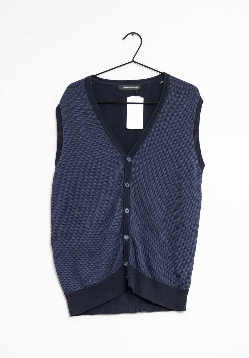 Navy blue sleeveless vest with a textured pattern, V-neck design, five buttons down the front, and a solid color trim. Hangs on a hook.