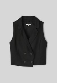 Gilet noir sans manches avec un col à revers, devant double boutonnage et deux boutons ronds. Texture lisse et coupe ajustée.