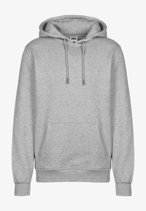 Grå hettegenser laget av mykt stoff. Har en frontlomme, snorer og ribbestrikkede mansjetter og nedkant. Minimalistisk design.