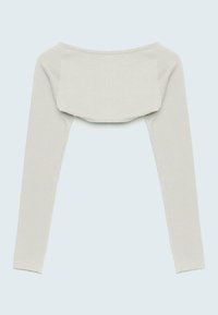 Off-shoulder top met lange mouwen in licht beige ribstof, voorzien van een aangesloten pasvorm en een gestructureerd achterpand.