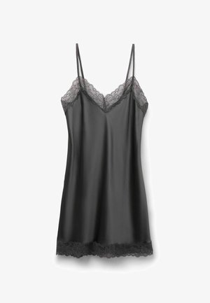 Camisole in satin nero con un delicato bordino in pizzo lungo il collo e l'orlo, dotata di spalline regolabili.
