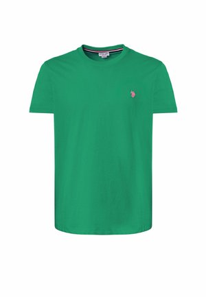 T-shirt in cotone verde con colletto rotondo, maniche corte e un piccolo logo ricamato in rosa sul lato sinistro del petto. Texture liscia, design casual.