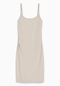 Béžové šaty bez rukávů s jednoduchým designem, jemnou texturou a detaily na stranách s nařasením. Hladká tkanina a přiléhavý střih.