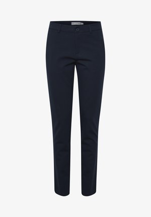 Marineblaue Hose aus glattem Stoff, mit geradem Schnitt, Knopfverschluss, Vorderentaschen und einem sauberen, minimalistischen Design.